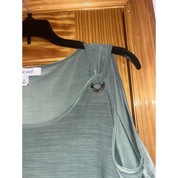 Nine West T-Shirt Size Medium Green Color Gold Logo Open Shoulders For Women - Picture 3 of 5